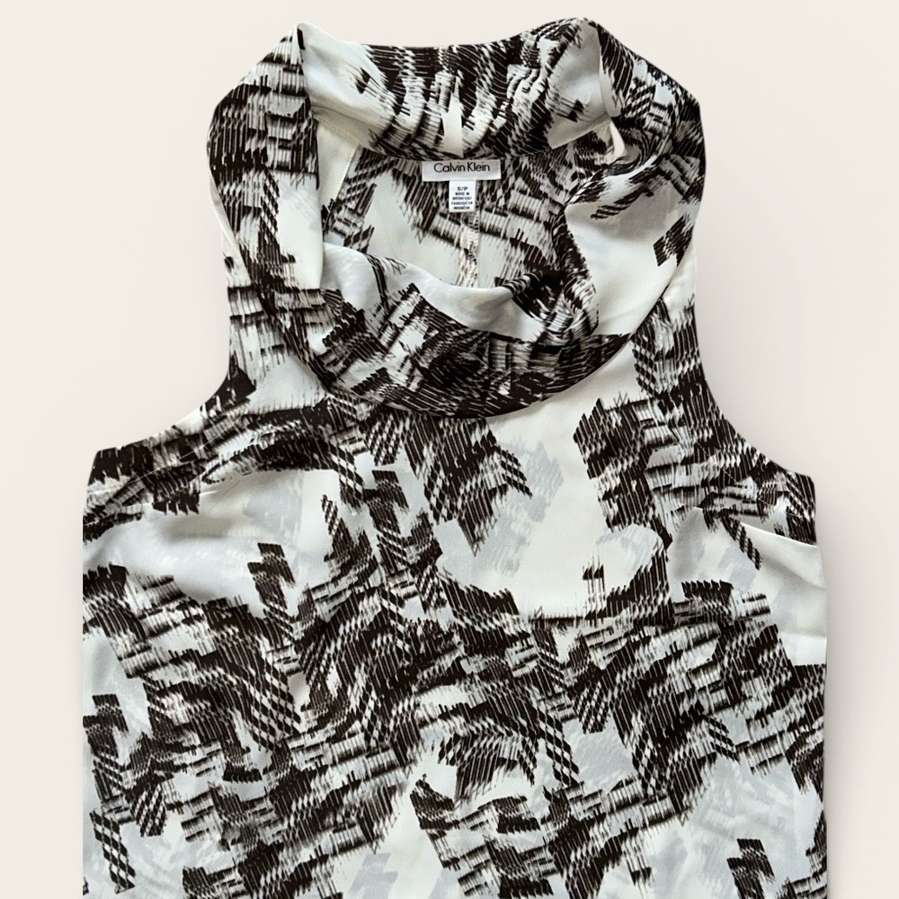 Calvin Klein Cream Brown Abstract Print Sleeveless Cowl Neck High Low Shell Sz S